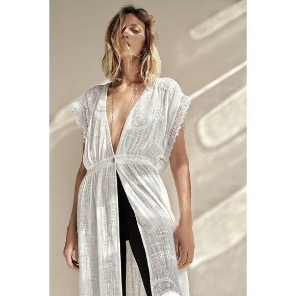 Zara Whimsical White Embroidered V-Neck Lace Cap Sleeves Maxi Dress Cover Up M - Picture 1 of 12
